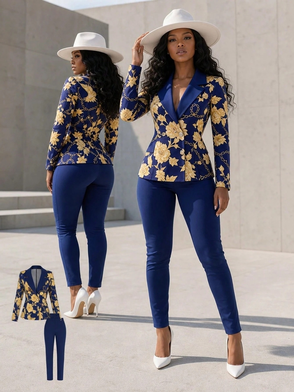 SHEIN Navy & Gold Floral Skinny Pantsuit - Women's Two-Piece Set